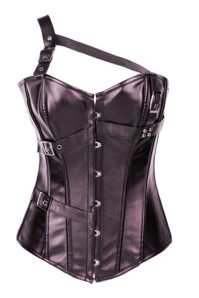 Coppery Leather Overbust Corset With One Shoulder Halter Style and Belt Detailing