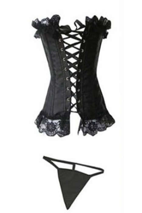 Black Victorian Corset Set With Matching Thong and Generous Lace Ruffle at Trim, Front Busk