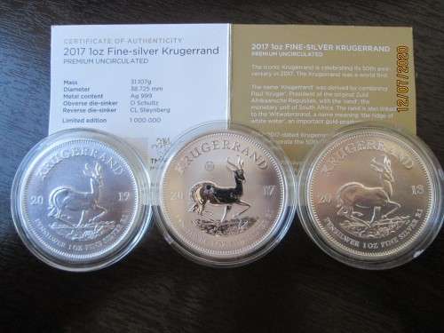 ( ONE SET )   THE FIRST THREE YEARS     SILVER KRUGERRANDS  999.9% PURITY  ( BID PER SET )