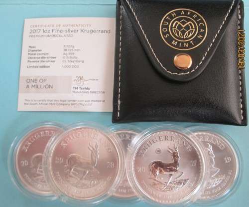 FULL COMPLETE SET   ALL FIVE YEARS      SILVER KRUGERRANDS   ( BID PER SET )