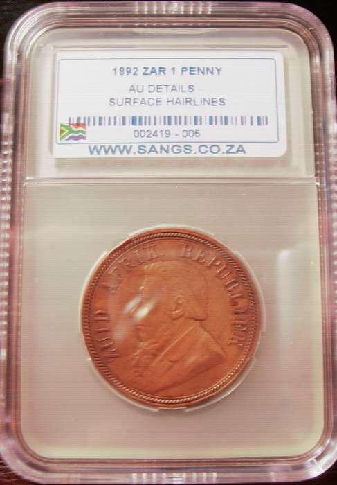 THE RARE 1892...ZAR... PAUL KRUGER...PENNY...GRADED ALMOST UNCIRCULATED DETAILS