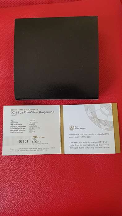 2018 1oz Fine Silver Proof Krugerrand Coin, 1 Ounce SA Mint Capsule Sealed