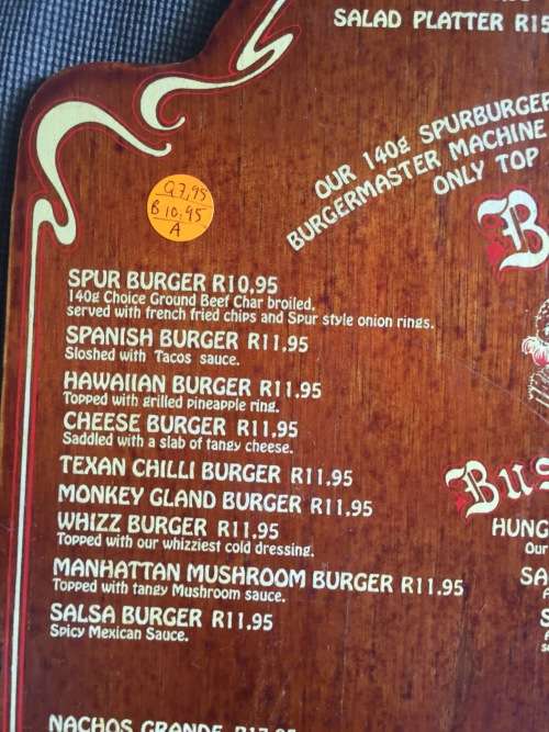 SPUR STEAK RANCHES MENU South Africa NAVAHO SPUR R10.95 BURGER late 1980s/early 1990s