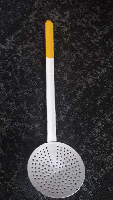 old skimmer and ladle in sheet metal vintage french enamelware