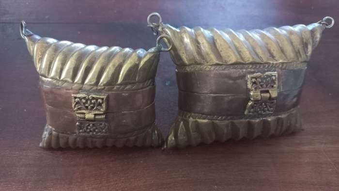 Vintage Brass Copper Pillow Purse with Blue Velvet Lining x 2