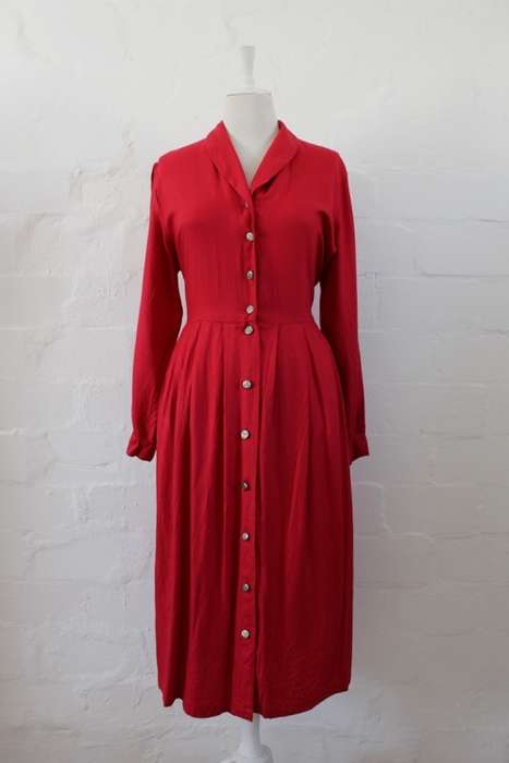 VINTAGE RED BUTTON DOWN LONG SLEEVE DAY DRESS - SIZE 14