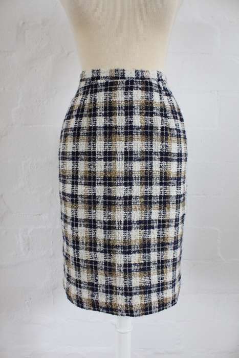 VINTAGE CHECK WHITE NAVY PENCIL SKIRT - SIZE 6