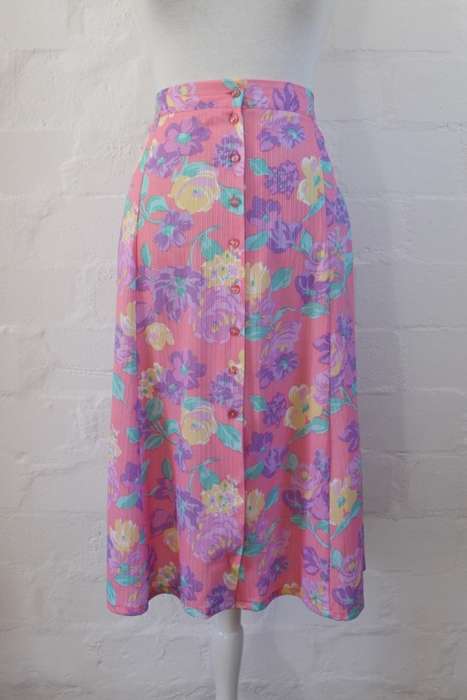 VINTAGE PASTEL PINK FLORAL PRINT HIGH WAIST BUTTON DOWN SKIRT - SIZE 14