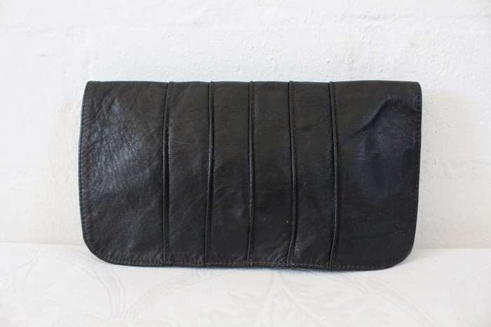 VINTAGE BLACK GENUINE LEATHER CLUTCH BAG POUCH PURSE