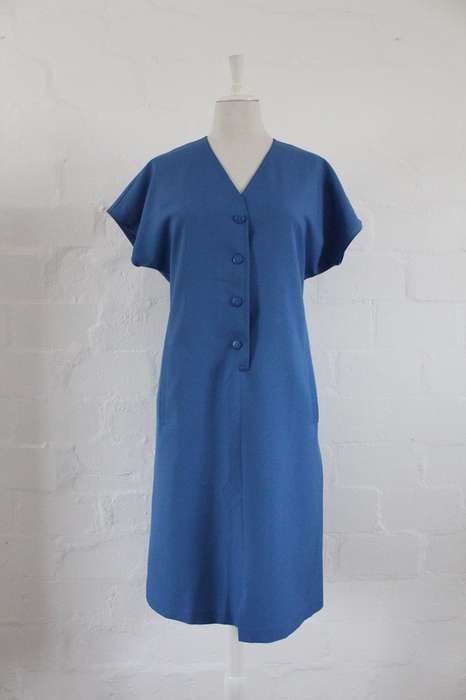 VINTAGE BLUE SHORT SLEEVE SHIFT DAY DRESS - SIZE 14