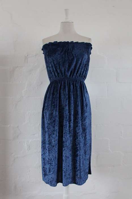 VINTAGE VELOUR BLUE STRAPLESS BEACH DAY DRESS - SIZE 14