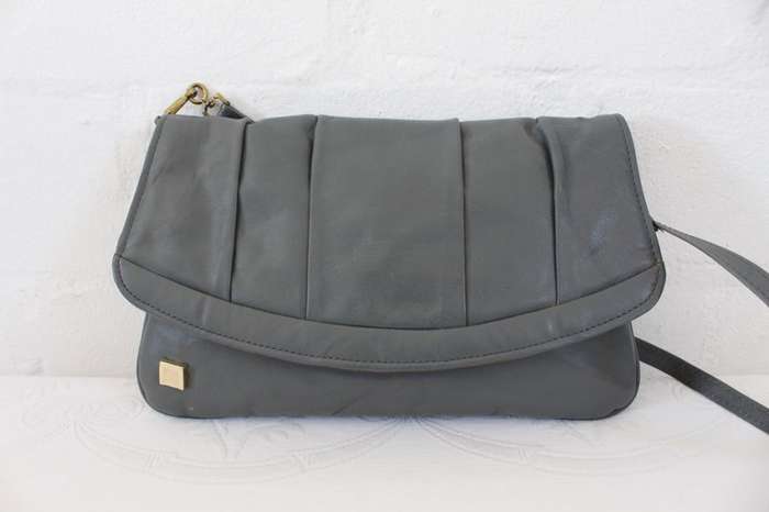 VINTAGE GENUINE LEATHER GREY CLUTCH SHOULDER BAG HANDBAG