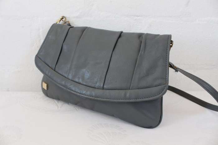 VINTAGE GENUINE LEATHER GREY CLUTCH SHOULDER BAG HANDBAG