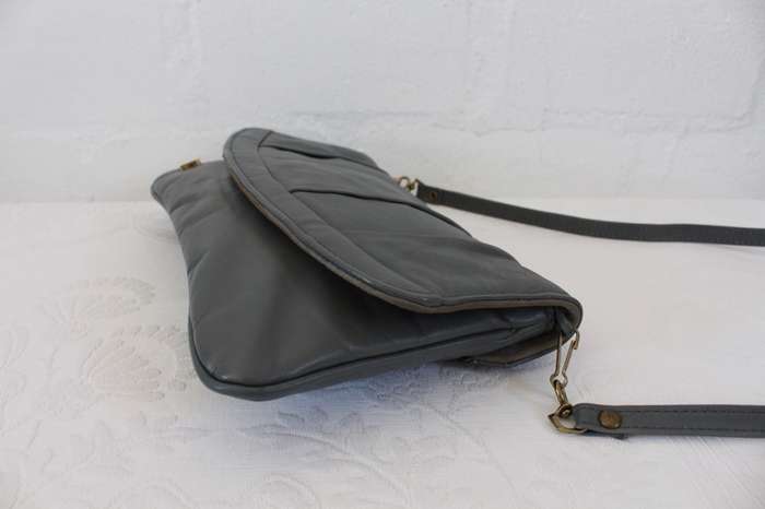 VINTAGE GENUINE LEATHER GREY CLUTCH SHOULDER BAG HANDBAG