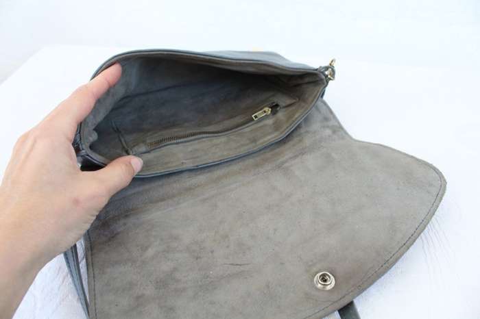 VINTAGE GENUINE LEATHER GREY CLUTCH SHOULDER BAG HANDBAG
