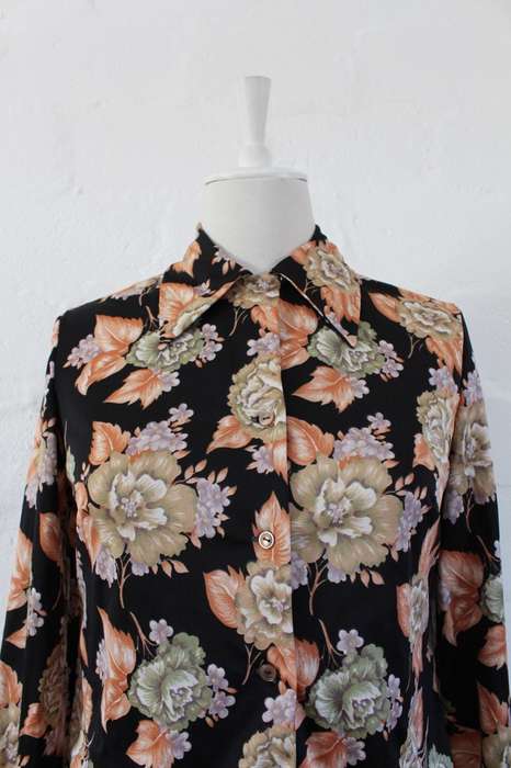VINTAGE FLORAL PRINT BLACK ORANGE LONG SLEEVE SHIRT TOP BLOUSE - SIZE 10