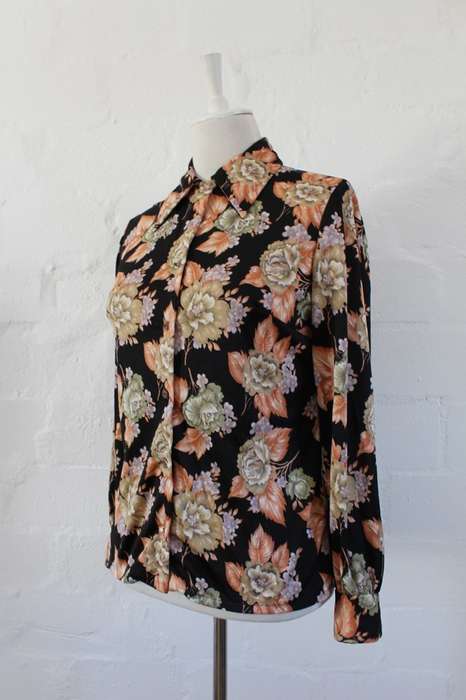 VINTAGE FLORAL PRINT BLACK ORANGE LONG SLEEVE SHIRT TOP BLOUSE - SIZE 10
