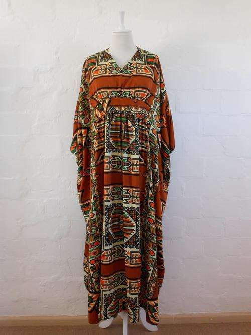VINTAGE AFRICAN PRINT BROWN ORANGE GREEN KAFTAN CAFTAN DRESS - ONE SIZE