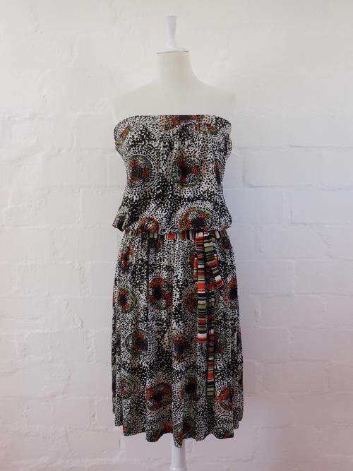 REQUEST STRETCHY AFRICAN PRINT STRIPED TIE WAIST BOOB TUBE STRAPLESS DRESS - SIZE 16