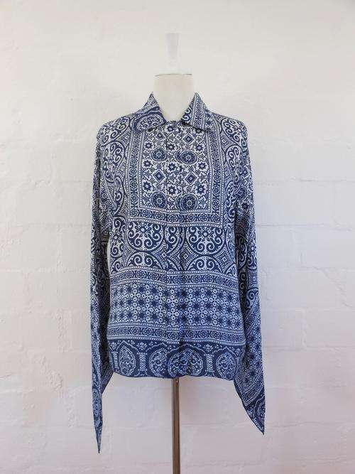 *TRUSSARDI JEANS* DESIGNER MOROCCAN PRINT NAVY BLUE LONG SLEEVE SHIRT TOP BLOUSE - SIZE 16