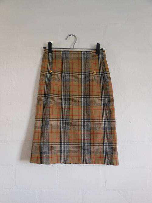VINTAGE WOOL PLAID CHECK BROWN BURBERRY STYLE PENCIL SKIRT - SIZE 6