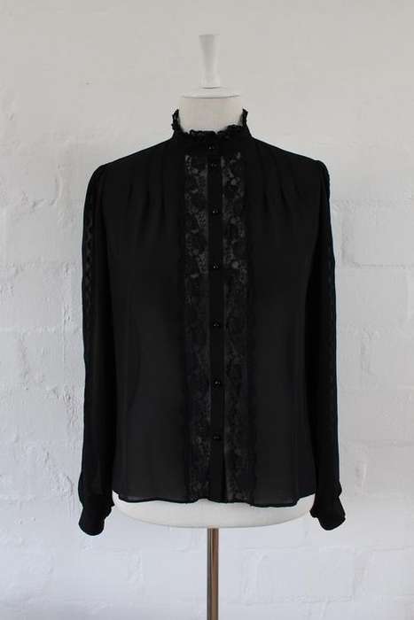 VINTAGE LACE INSERTS SHEER BLACK LONG SLEEVE BLOUSE TOP SHIRT - SIZE 10