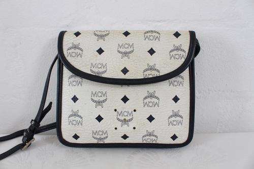 *MCM* DESIGNER VINTAGE MONOGRAM CANVAS WHITE NAVY SLING BAG HANDBAG