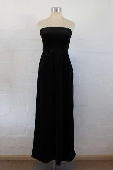 VINTAGE VELVET BLACK BOW KNOT STRAPLESS BOOB TUBE EVENING GOWN DRESS - SIZE 6