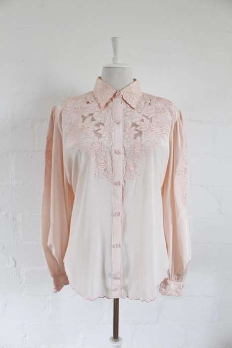 100% SILK VINTAGE LACE EMBROIDERED PINK BLOUSE SHIRT TOP - SIZE 16