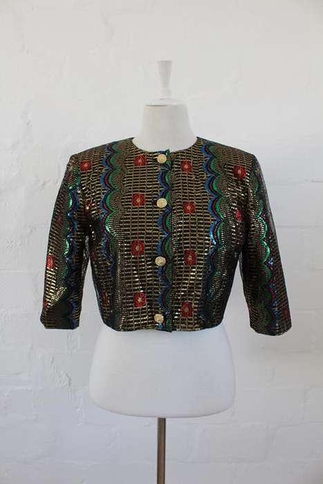 VINTAGE GOLD LAME CROPPED 3/4 SLEEVE JACKET TOP - SIZE 14
