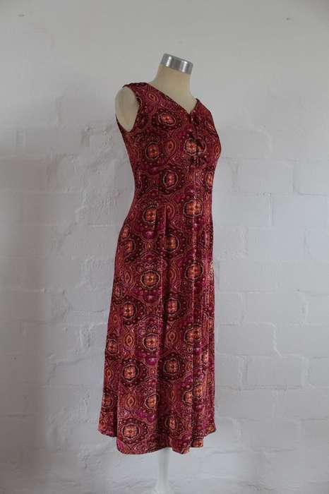 VINTAGE VELVET PINK ORANGE PRINTED DRESS - SIZE 8