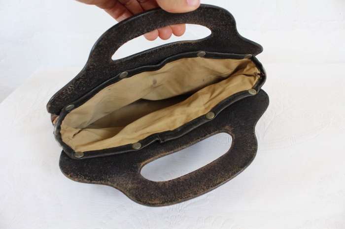 VINTAGE PATCH GENUINE LEATHER BROWN CLUTCH HANDBAG BAG