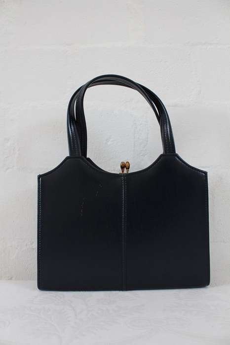 VINTAGE NAVY BLUE PATENT VINYL STRUCTURED BAG HANDBAG