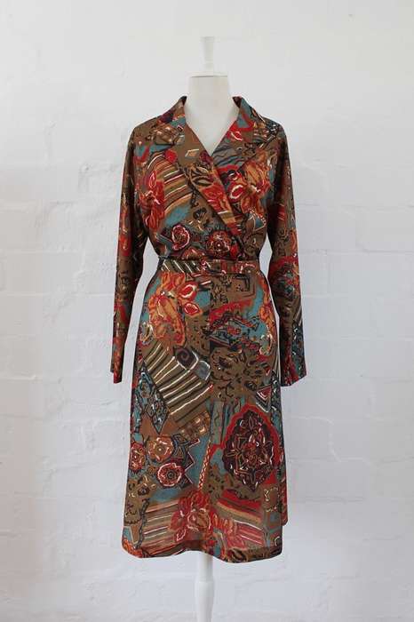 VINTAGE BROWN PRINTED BELTED LONG SLEEVE DAY DRESS - SIZE 16