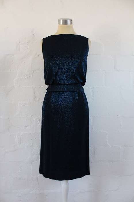 VINTAGE SHIMMERY BLUE BLACK BELTED COCKTAIL EVENING DRESS - SIZE 8