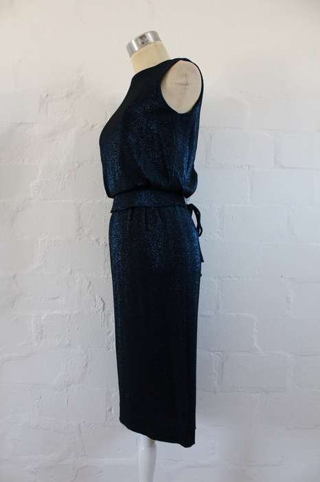 VINTAGE SHIMMERY BLUE BLACK BELTED COCKTAIL EVENING DRESS - SIZE 8
