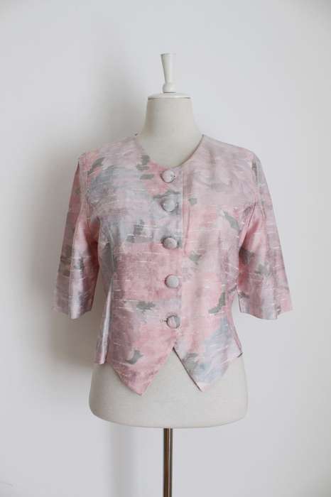 VINTAGE SILK PINK PRINTED SHORT SLEEVE JACKET TOP - SIZE 12
