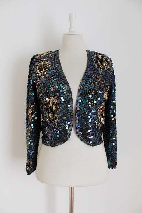 100% SILK VINTAGE SEQUINED BEADED CROPPED JACKET TOP - SIZE M