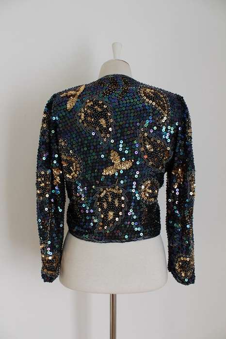 100% SILK VINTAGE SEQUINED BEADED CROPPED JACKET TOP - SIZE M