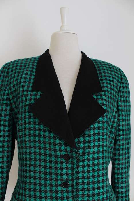 VINTAGE GREEN BLACK CHECK PRINT JACKET BLAZER - SIZE 14