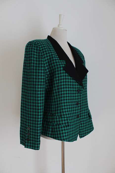 VINTAGE GREEN BLACK CHECK PRINT JACKET BLAZER - SIZE 14
