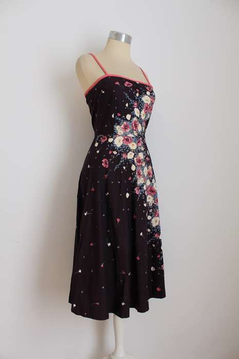 VINTAGE FLORAL PRINT BROWN PINK SUMMER DAY DRESS - SIZE 6