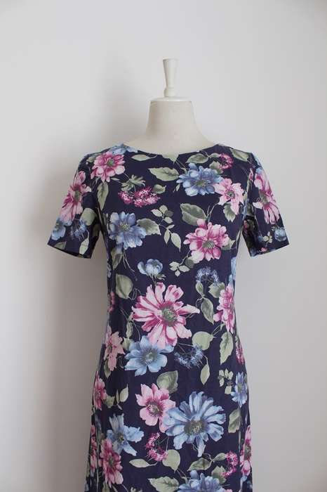 VINTAGE FLORAL BLUE PINK SHIFT DAY DRESS - SIZE 12