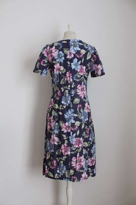 VINTAGE FLORAL BLUE PINK SHIFT DAY DRESS - SIZE 12