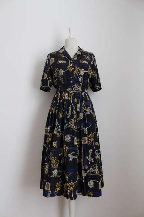 VINTAGE NAUTICAL PRINT NAVY TWO PIECE PLEATED SKIRT TOP - SIZE 16
