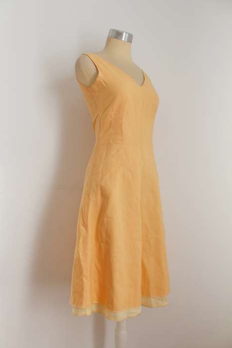 LINEN ORANGE V-NECK FITTED SLEEVELESS DAY DRESS - SIZE 8