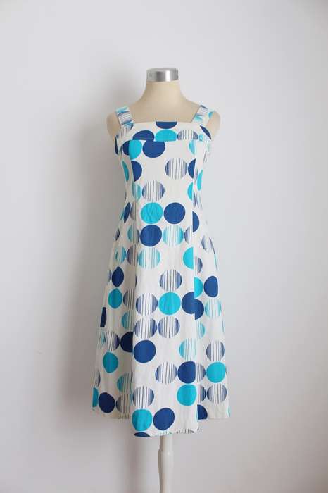 VINTAGE WHITE BLUE SPOTTED BUTTON DOWN BACK DRESS - SIZE 8