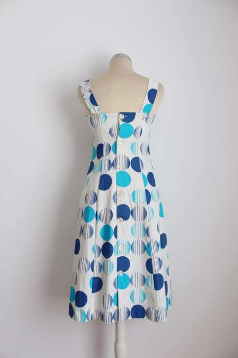 VINTAGE WHITE BLUE SPOTTED BUTTON DOWN BACK DRESS - SIZE 8