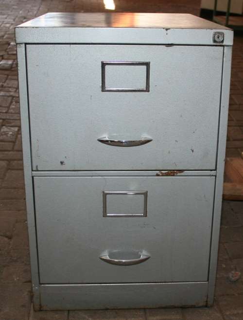 A FANTASTIC VINTAGE TWO DOOR METAL FILING CABINET