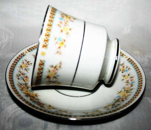 SIX STYLISH PORCELAIN DIO SETS BEAUTIFULLY DECORATED WITH A FLORAL PATERN TEA ON THE PATIO BID  P/EA